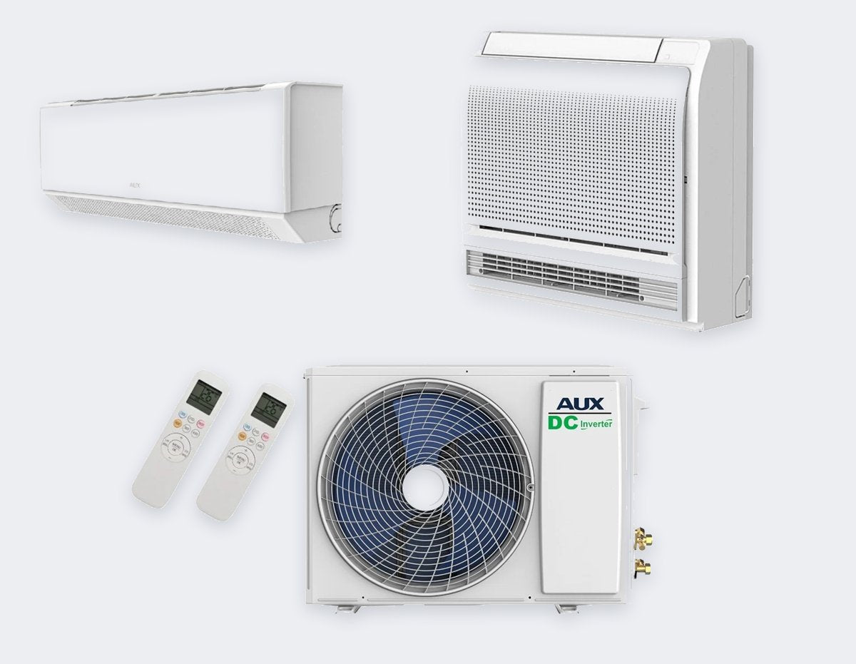 Aux Duo-Split M3-21LCLH – 6,0 kW / 21.000 BTU – Bodenkonsole 3,5 kW + Wandgerät 3,5 kW – mit WLAN