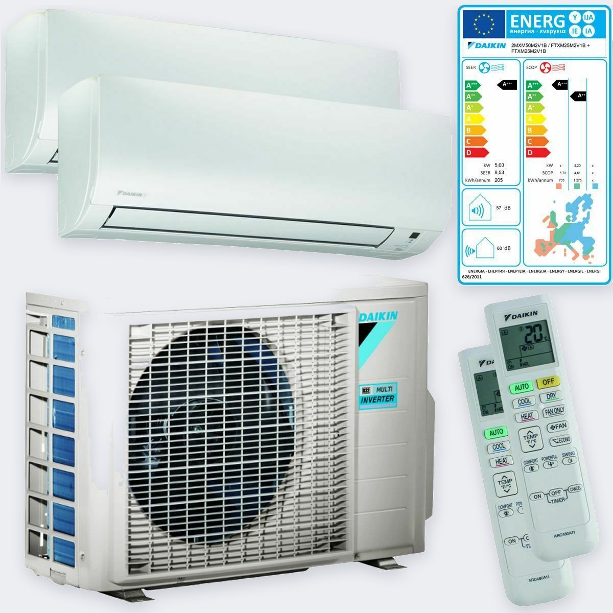 Daikin Duo-Split Comfora 2MXM68 – 6,8 kW / 24.000 BTU – Innengeräte 3,5 (FTXP35) + 5,0 kW (FTXP50) – A++ – mit WLAN